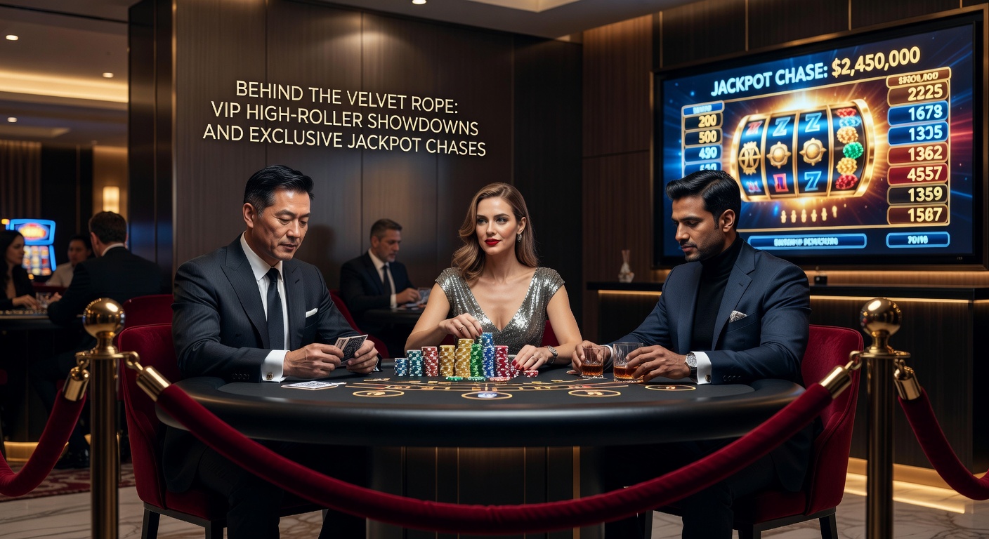 A dimly lit VIP high-roller room with velvet ropes, poker tables surrounded by suited players, and glowing jackpot screens in the background