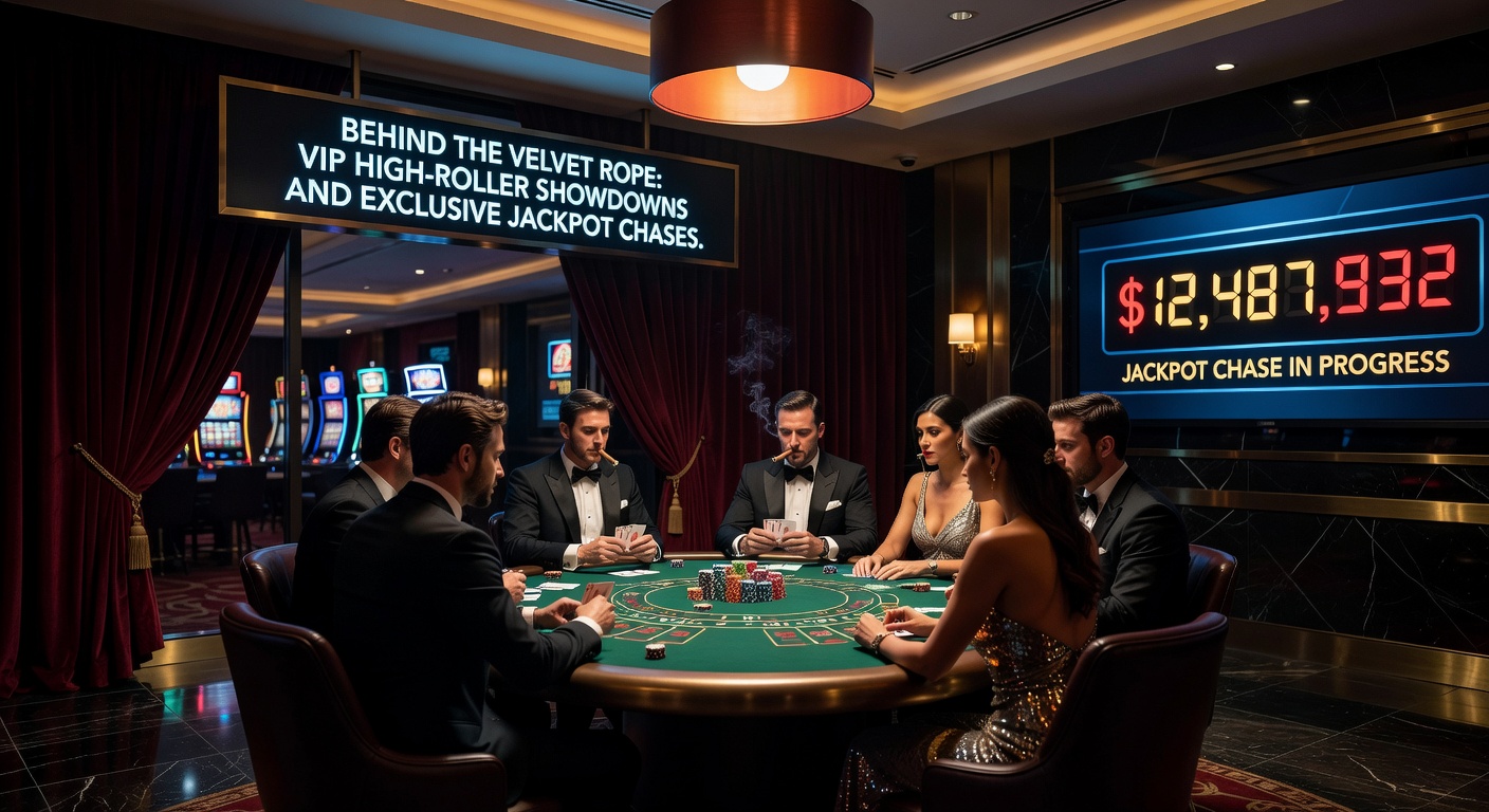 High-roller players intently focused on a glowing progressive jackpot screen in a luxurious VIP lounge, chips stacked high on nearby tables