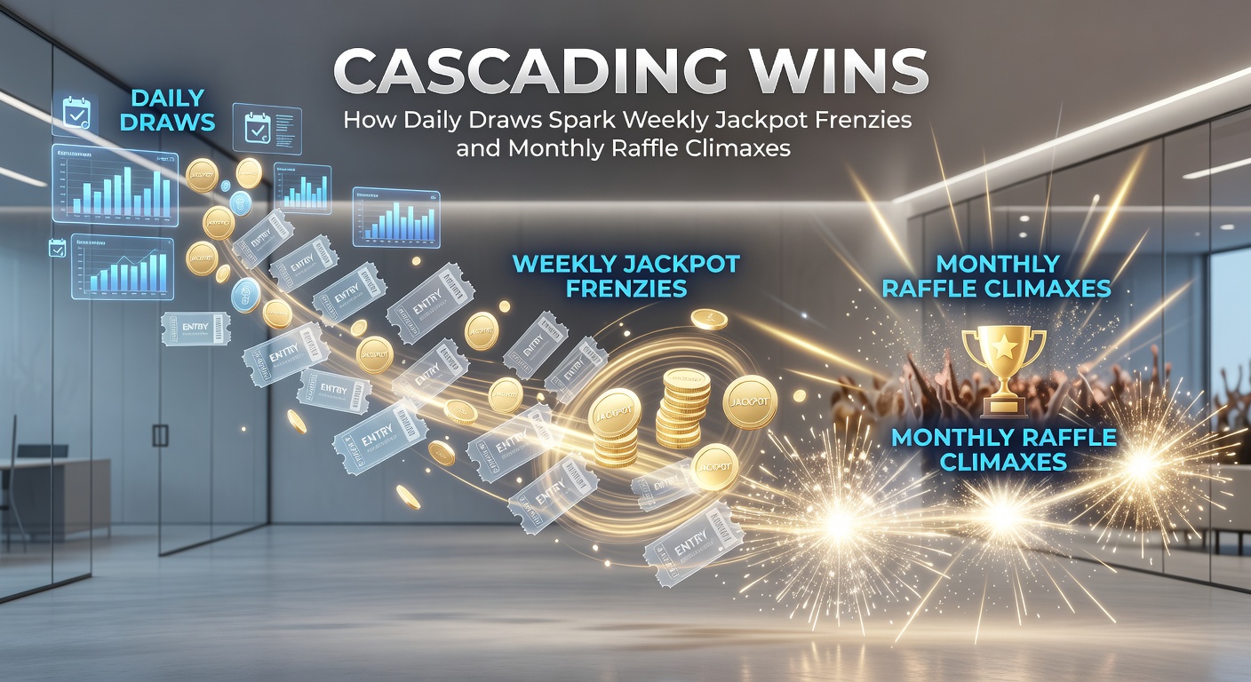 Crowd gathered around a massive jackpot wheel during a weekly frenzy, confetti bursting as a player claims a major prize amid flashing lights