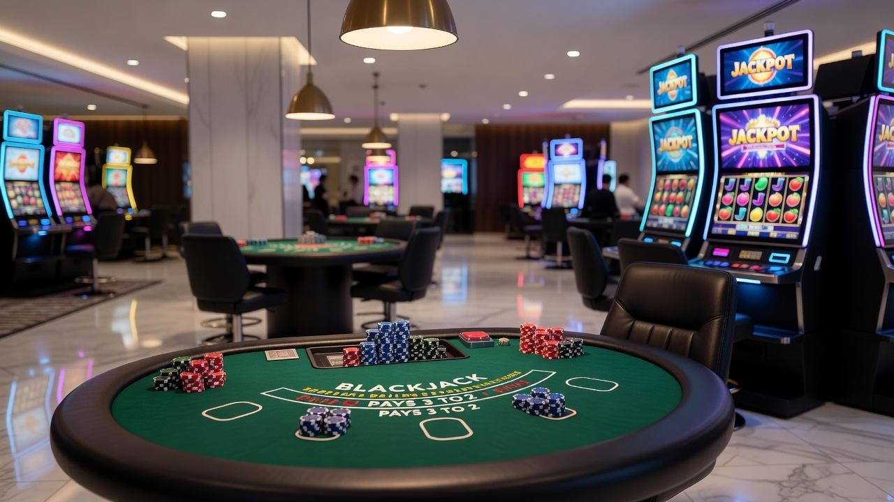 Overview of various casino gaming tables and slot machines in a modern facility