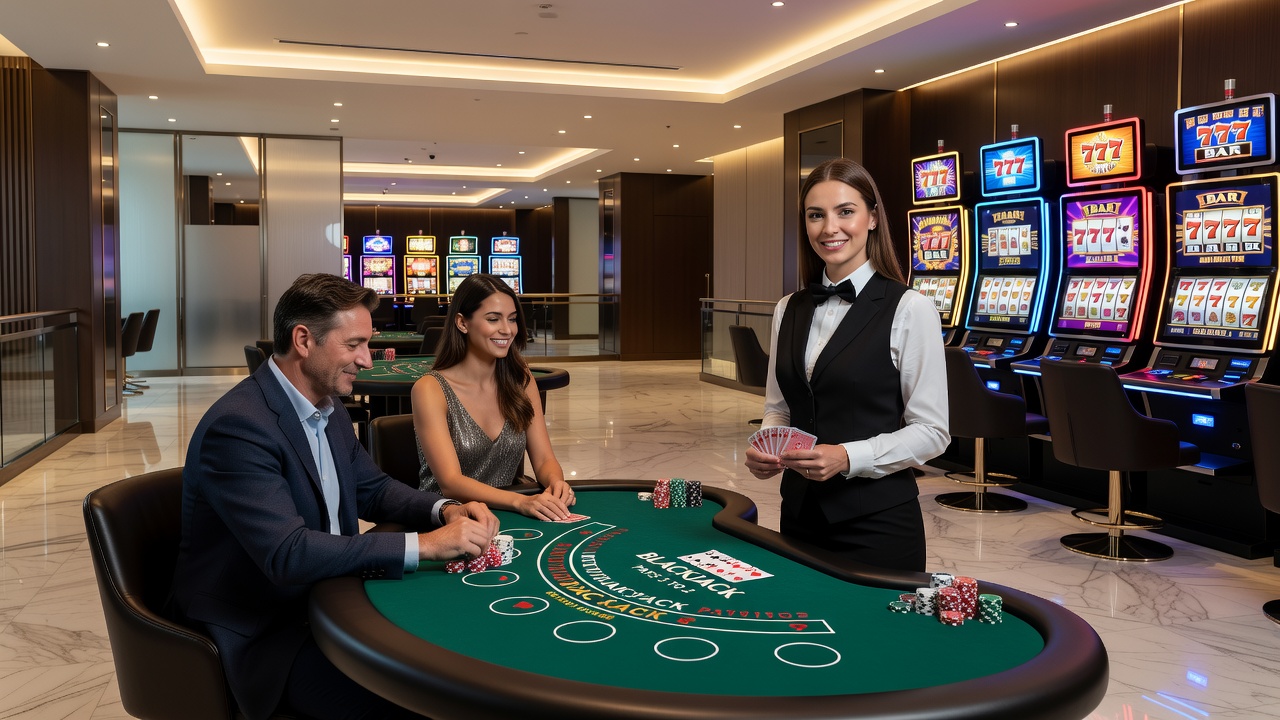 Close-up view of roulette wheel alongside blackjack and poker tables during active play