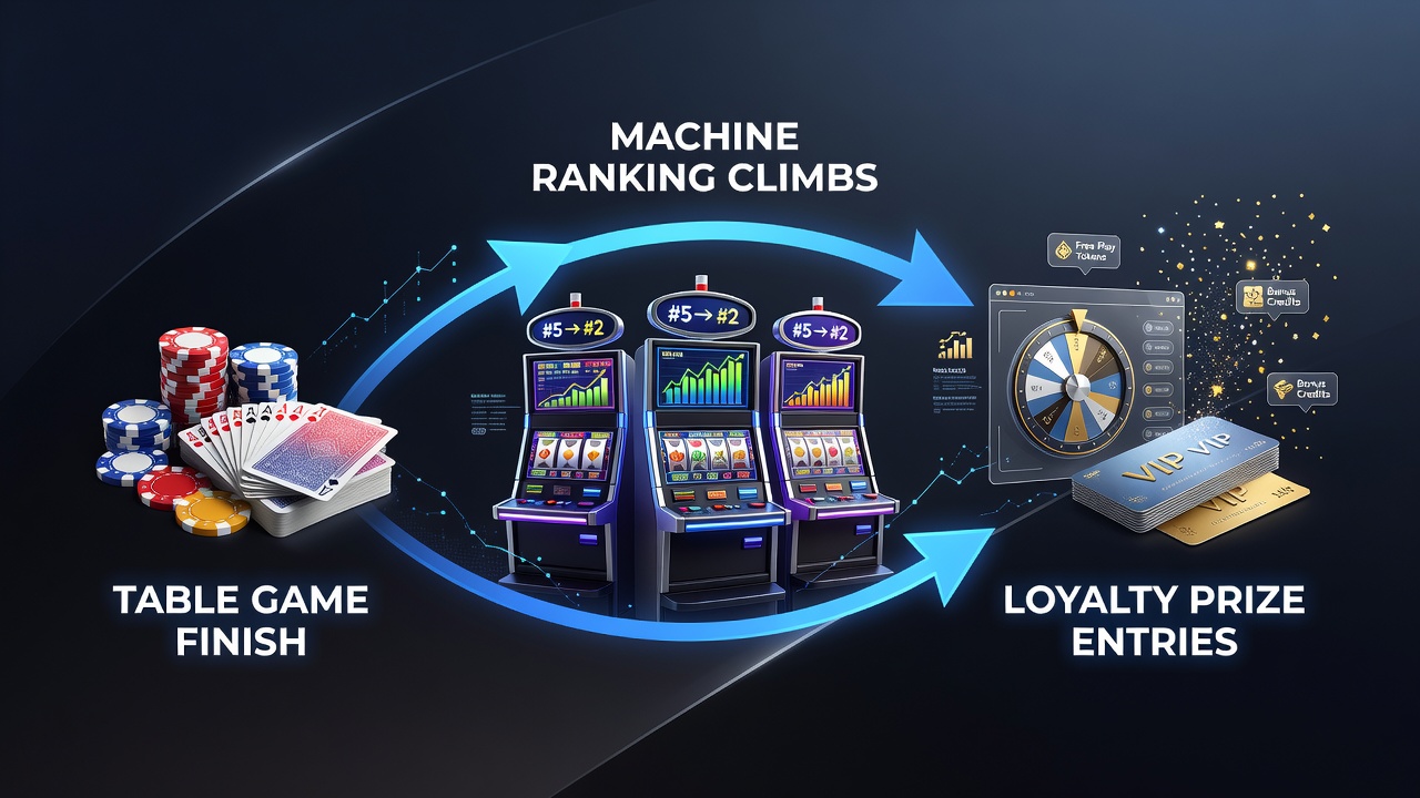 Casino floor view showing table game areas transitioning to slot machine sections with player movement patterns