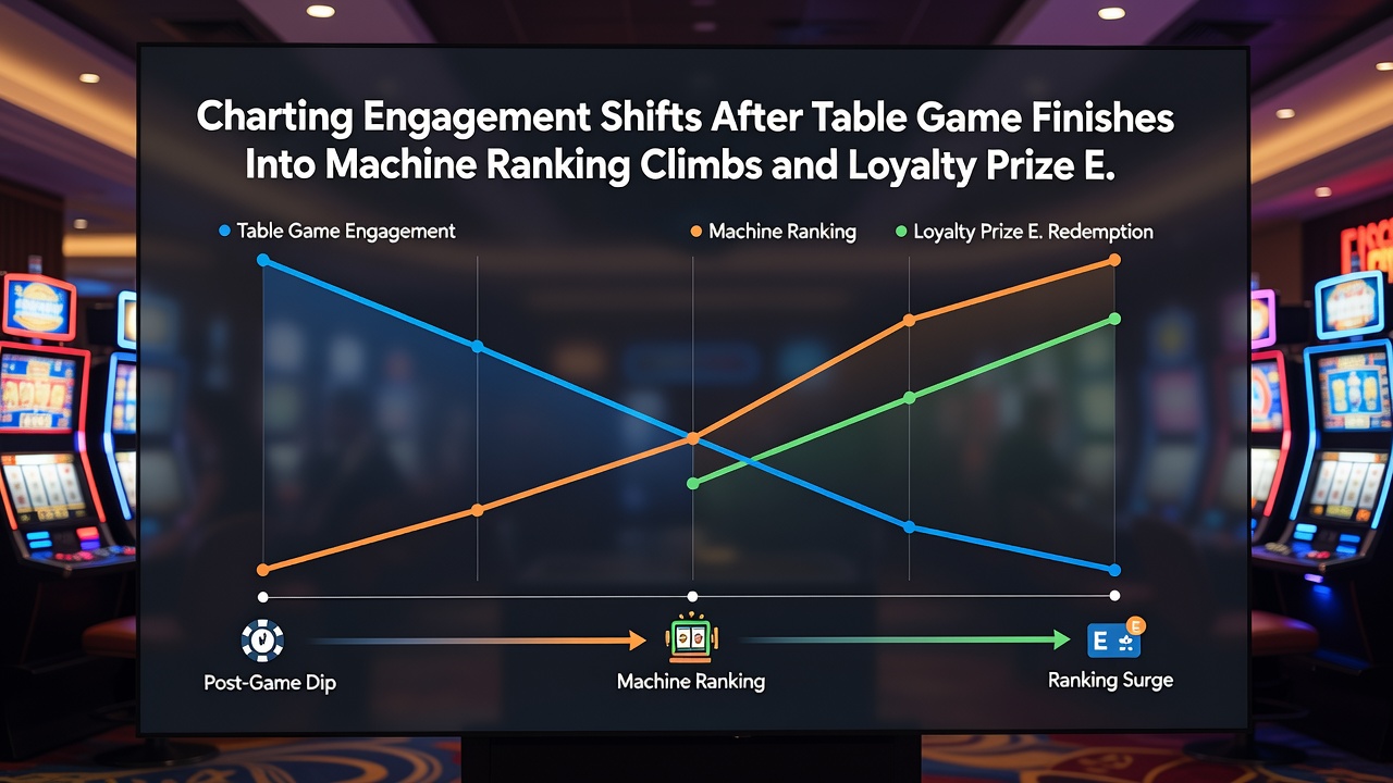 Slot machine leaderboard display with player rankings updating in real time during peak transition hours