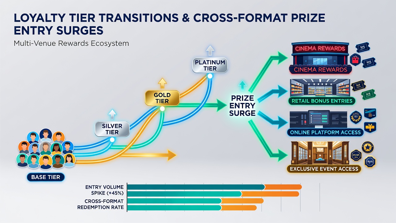Multi-venue loyalty network map illustrating player tier transitions and corresponding prize entry increases