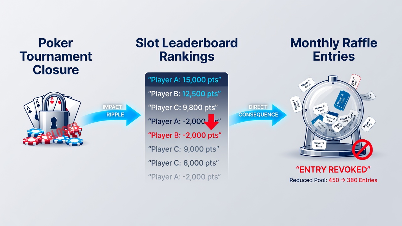 Players reviewing digital slot leaderboard displays near raffle entry kiosks inside a regional casino