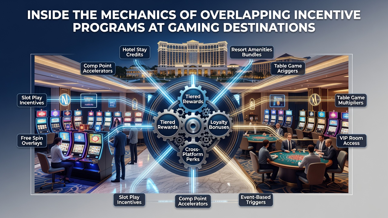 Casino floor showing integrated loyalty kiosks and digital displays for multiple overlapping promotions