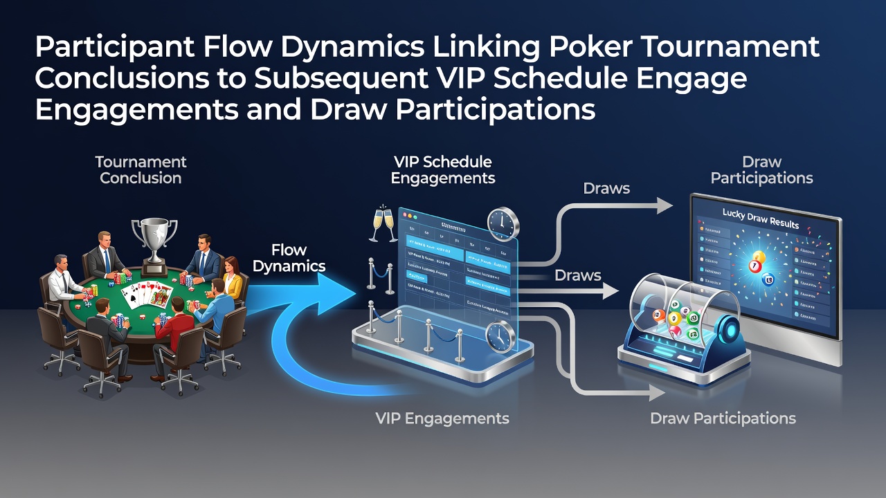 Casino floor showing poker tournament tables transitioning into VIP lounge areas with draw entry stations visible in the background