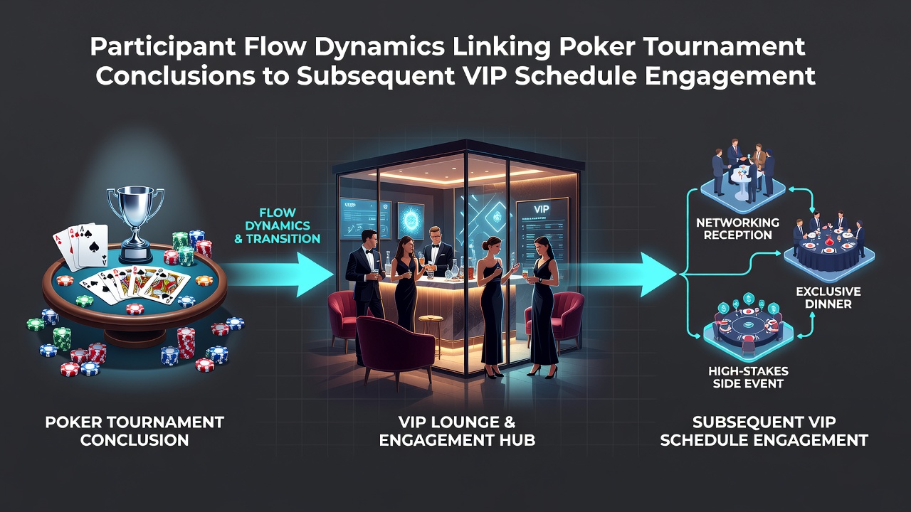 Loyalty program dashboard displaying player flow from poker tournament results into upcoming VIP sessions and draw entries