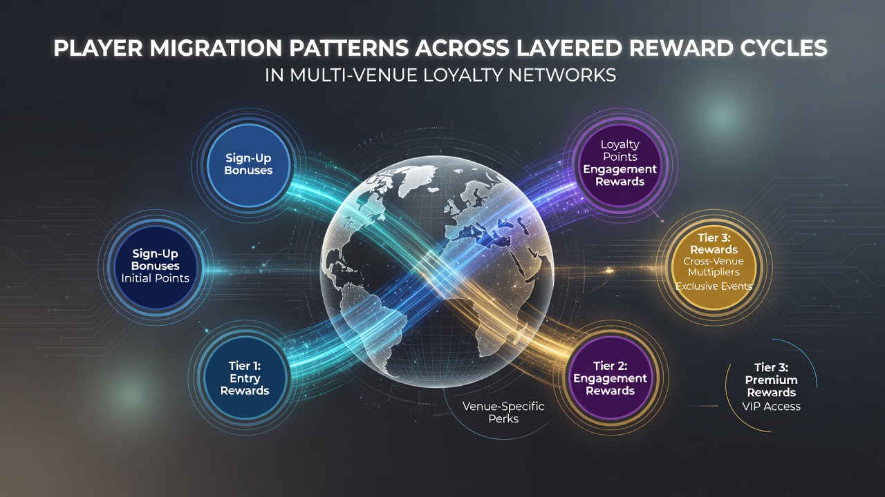 Data charts showing loyalty point flows and venue transition rates across networked properties