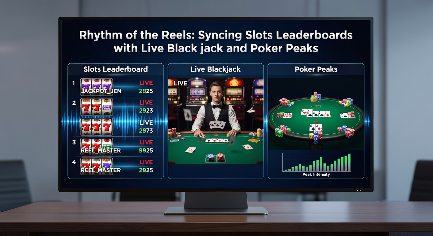 Dynamic casino floor showing slots leaderboards glowing alongside bustling blackjack and poker tables during peak hours