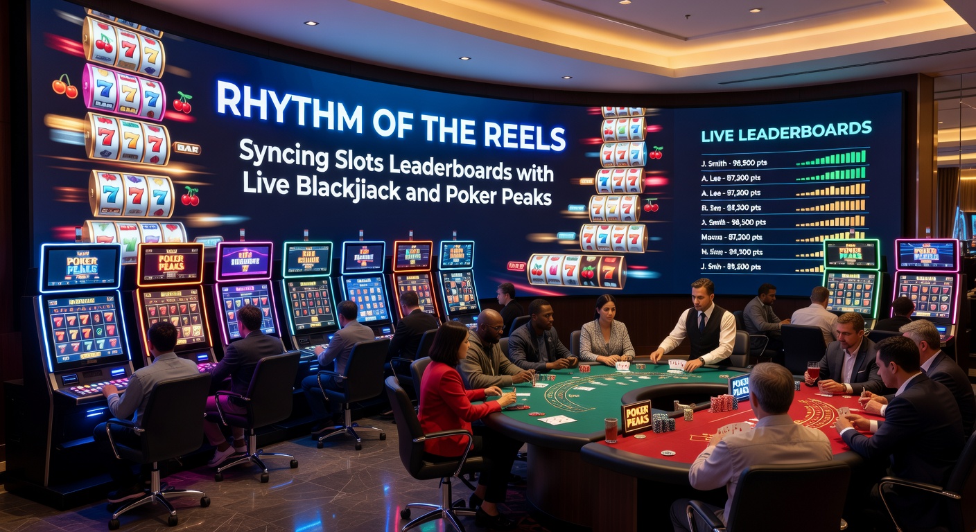 Close-up of a synchronized casino display merging slots leaderboard rankings with live blackjack chip stacks and poker tournament clocks