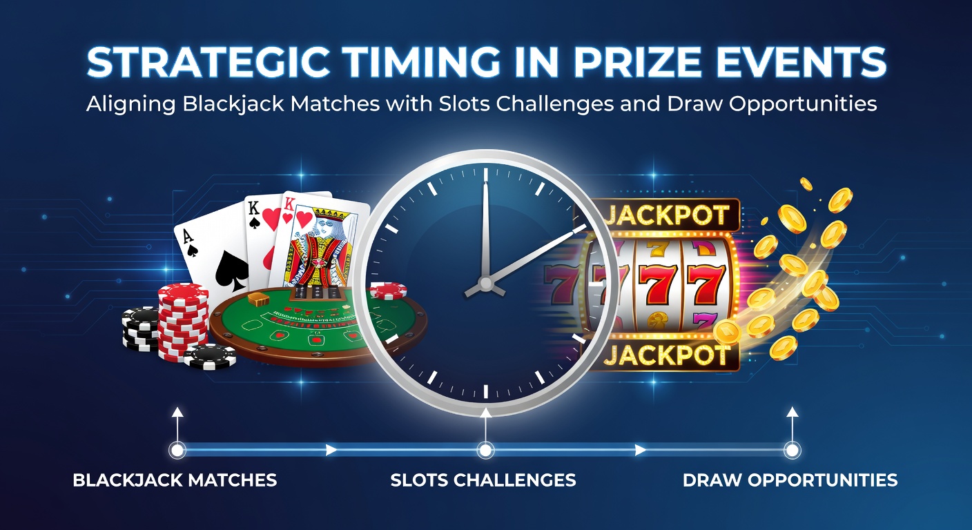 Strategic timing in prize events showing blackjack tables aligned with slots challenges and draw opportunities at a casino floor