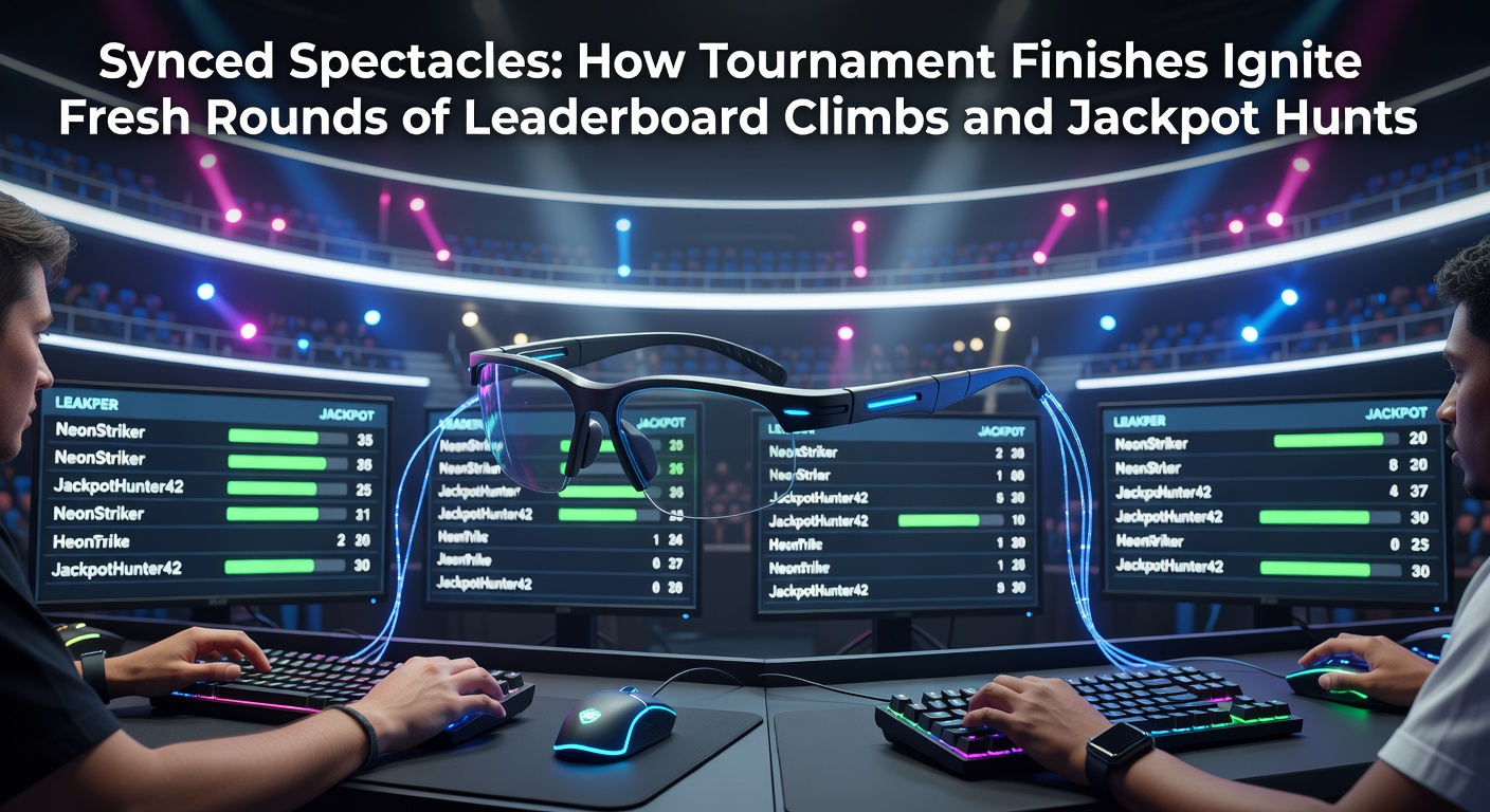 Players celebrating a tournament finish while leaderboards update in real-time, sparking new jackpot pursuits in a bustling casino environment