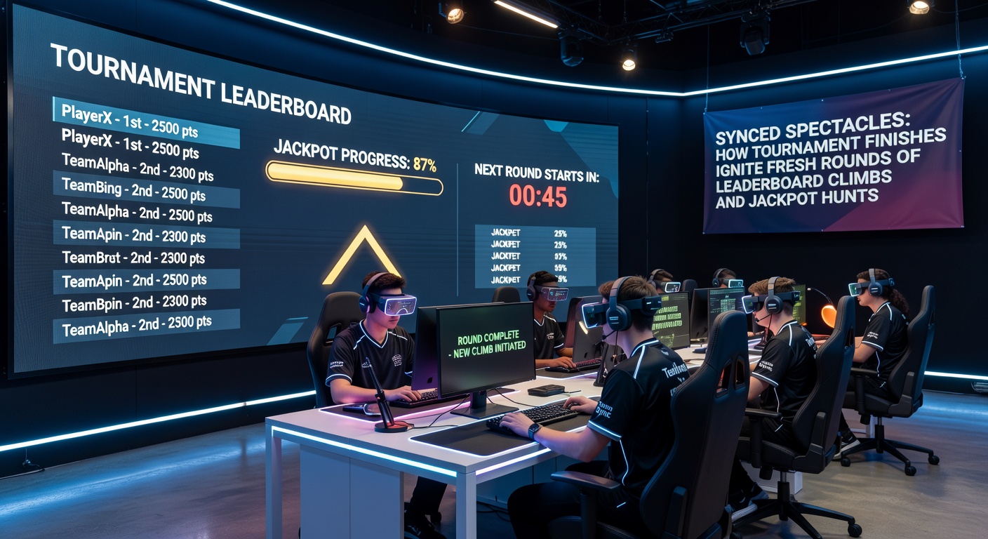 Dynamic casino scene showing jackpot meters climbing rapidly after a tournament conclusion, with players flocking to machines amid leaderboard screens