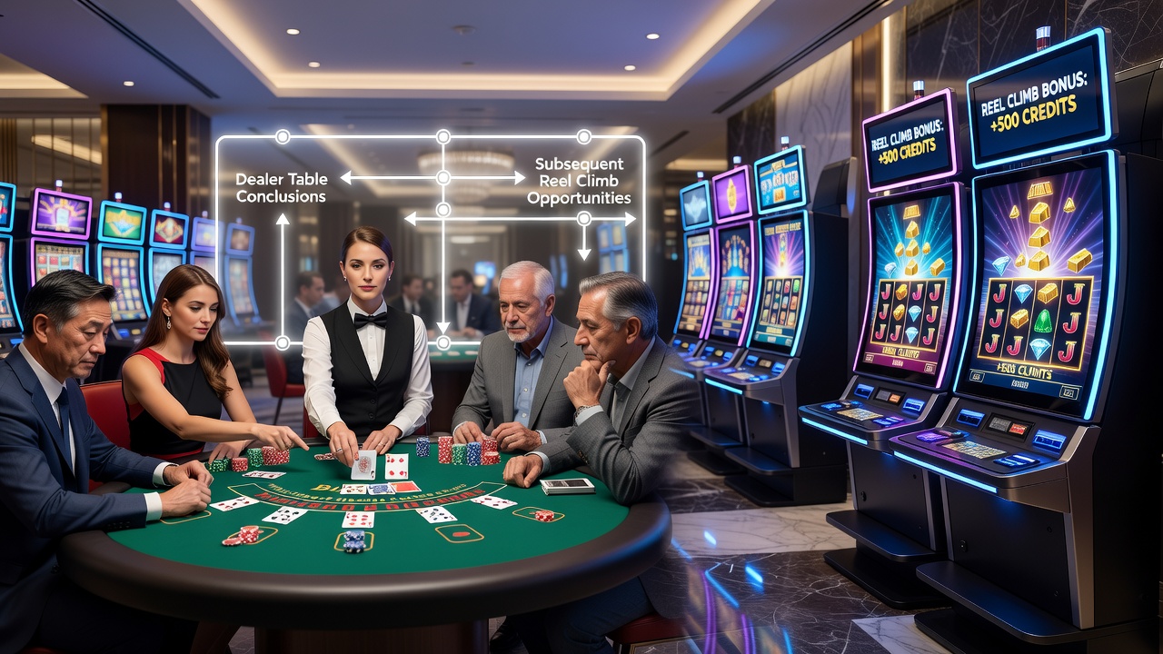 Slot machine area with digital leaderboard displays linked to casino loyalty tracking
