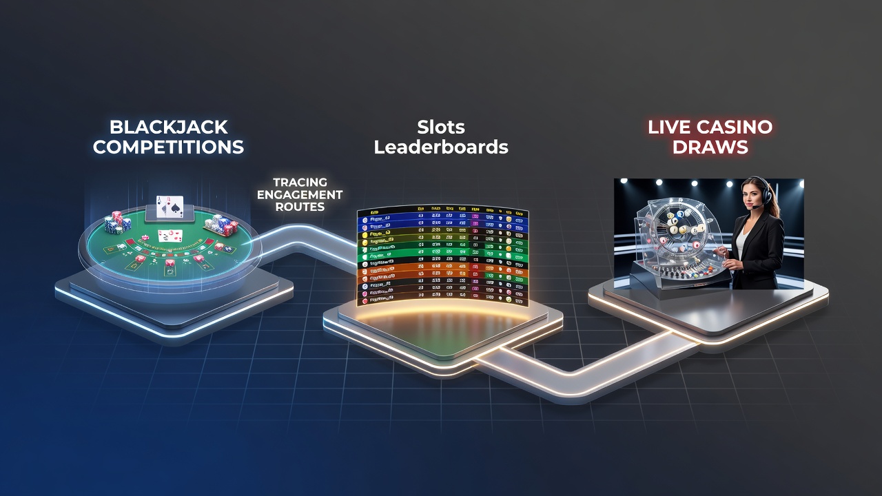 Casino floor showing blackjack tables transitioning into slots area with leaderboard displays