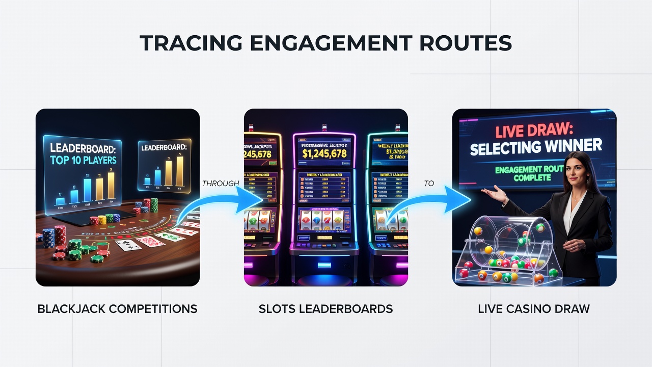 Live casino draw event with players checking digital leaderboards and entry confirmations